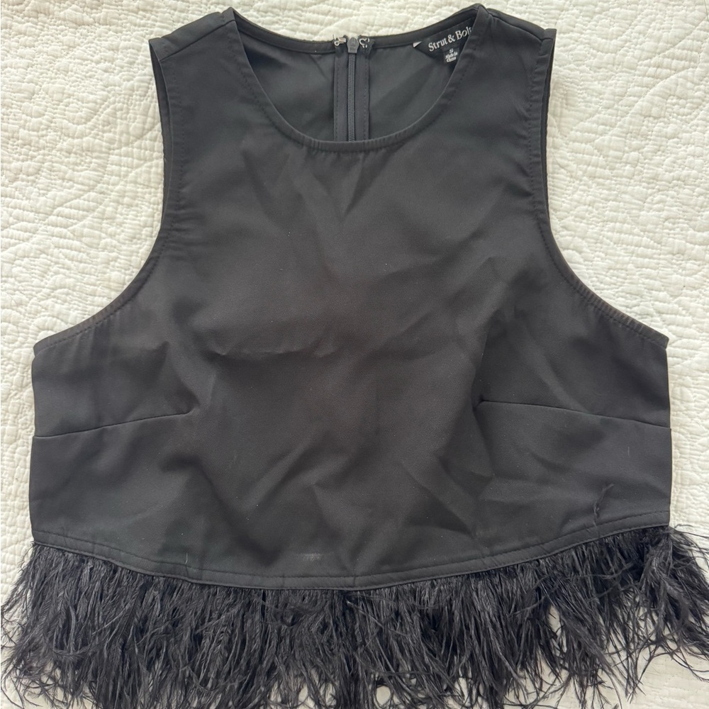 Elegant Black Feather Trim Tank Top